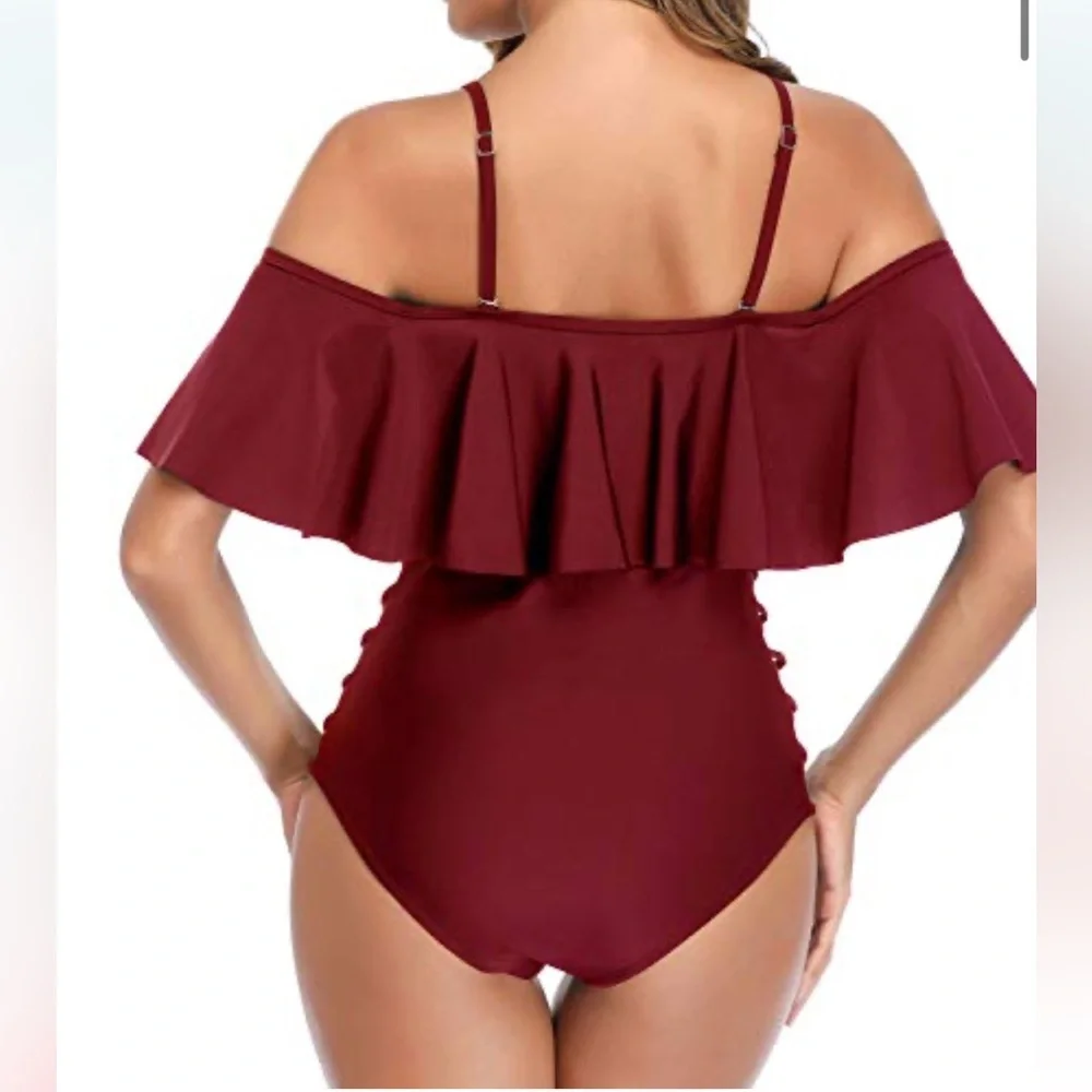 Holipick Maroon Off-Shoulder One Piece Swimsuit (Tummy Control) – M - Picture 4 of 6